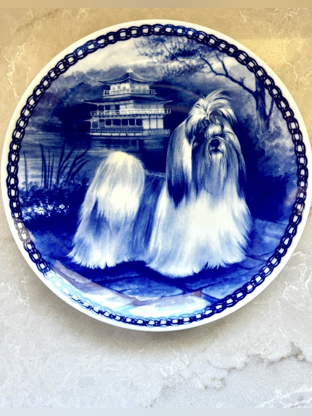 Shih Tzu Lekven Danish Porcelain Dog Plate Blue and White